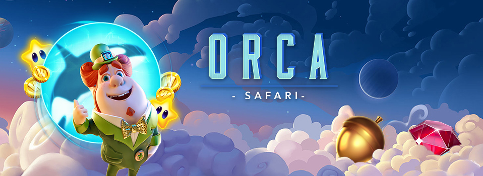 Orca Safari Slot Logo über den Wolken mit Diamanten, Kobold und Sternen